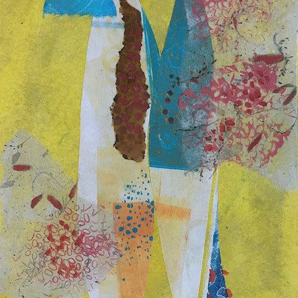 Beth Bergman, "Pandemic Pod #1," acrylic & paper collage on paper, 12” x 9” Abstract. Two white vertical peapod shapes against a yellow background. There are other shapes in solid brown and solid aqua, and some in red that look sponged on.