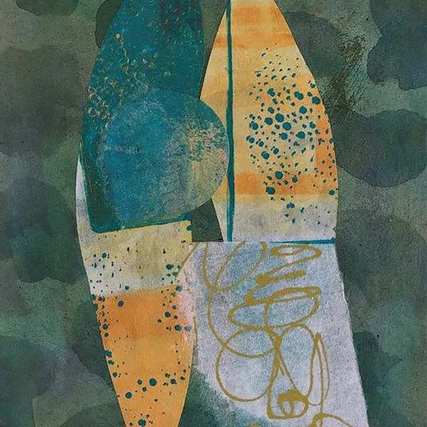 Beth Bergman, "Pandemic Pod #2," acrylic & paper collage on paper, 12” x 9” Two white vertical peapod shapes on a camouflage background with overlaying shapes in orange and in aqua.