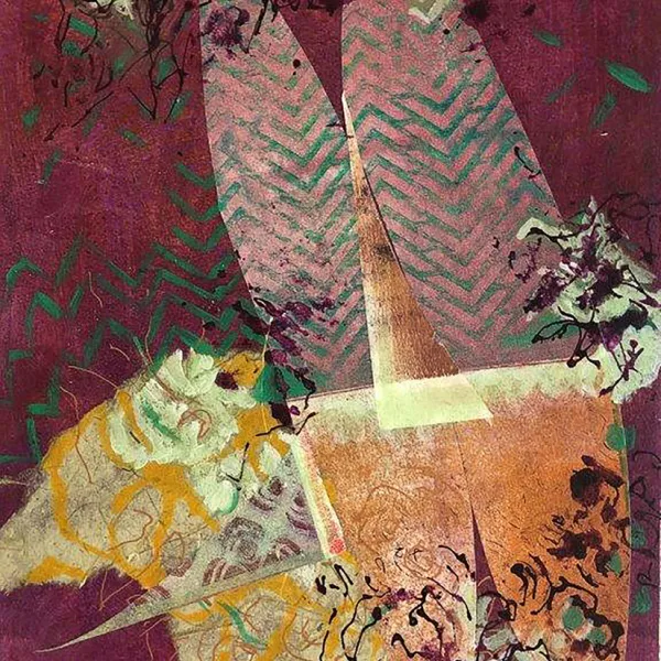 Beth Bergman, "Pandemic Pod #6," acrylic & paper collage on paper, 12” x 9” Two vertical peapod shapes on a mauve background. There's a green herringbone pattern across the top and a big white, gray, and orange shape at the bottom.