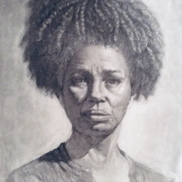 Daralyn Peifer - "Alizabeth 1," charcoal on mylar, 39" x 31" Portrait of a Black woman.