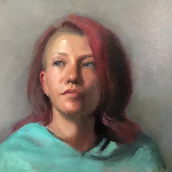 × Daralyn Peifer - "Cam with Pink Hair," oil on canvas board, 16" x 20" Portrait of a woman with pink hair on her partially-shaved head.