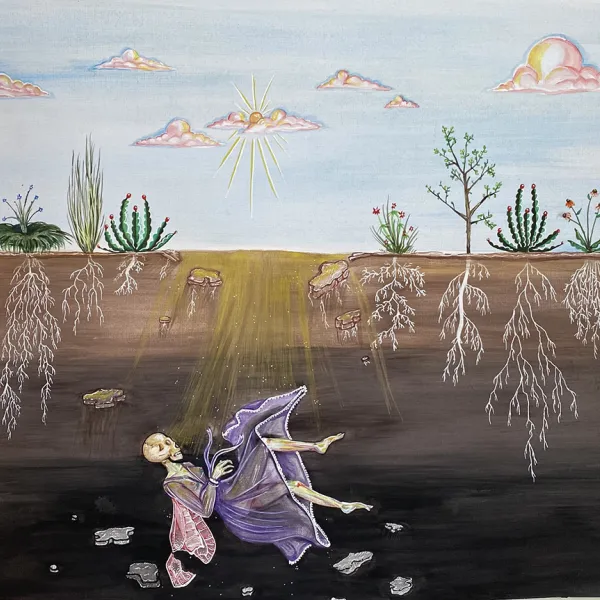 Shows Persephone falling below the earth to the underworld. Her head is a skull and her skin is transparent so you can see her bones and veins. Her arms, legs, and hands make her look like an insect. She's wearing a transparent purple dress and has pink dragonfly wings, one of which is broken.