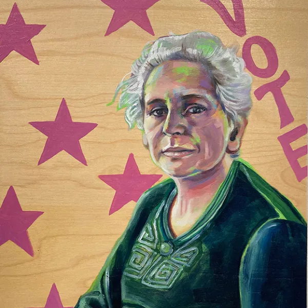 Leslie Barlow, Clara Hampson Ueland, 2020 | oil on panel, 18x14” Portrait of Clara Hampson Ueland with red stars and the word "VOTE" in the background.