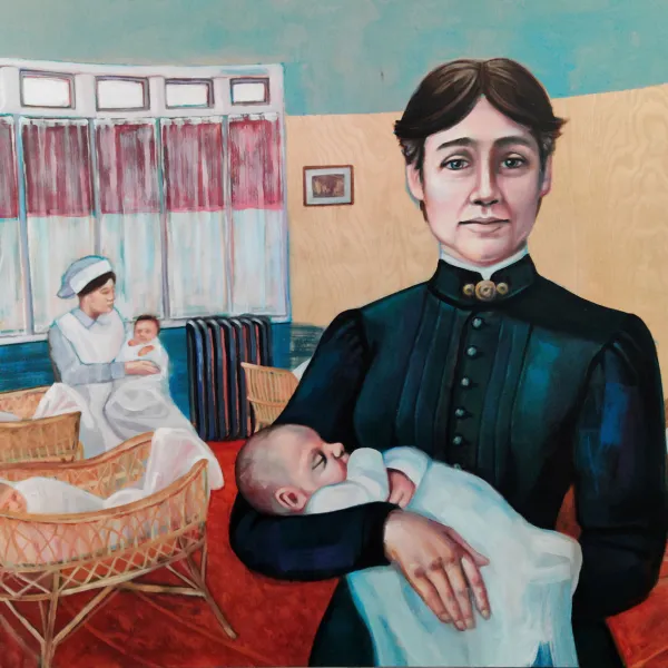 Leslie Barlow, Dr. Martha Rogers Ripley, 2020 | oil on panel, 30x48” Portrait of Dr. Martha Rogers Ripley standing in a nursery holding a baby.