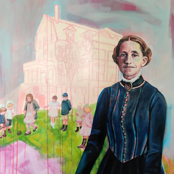 Leslie Barlow, Sarah Burger Stearns, 2020 | oil on panel, 48x36” Sarah Burger Stearns, with children and a building in the background.