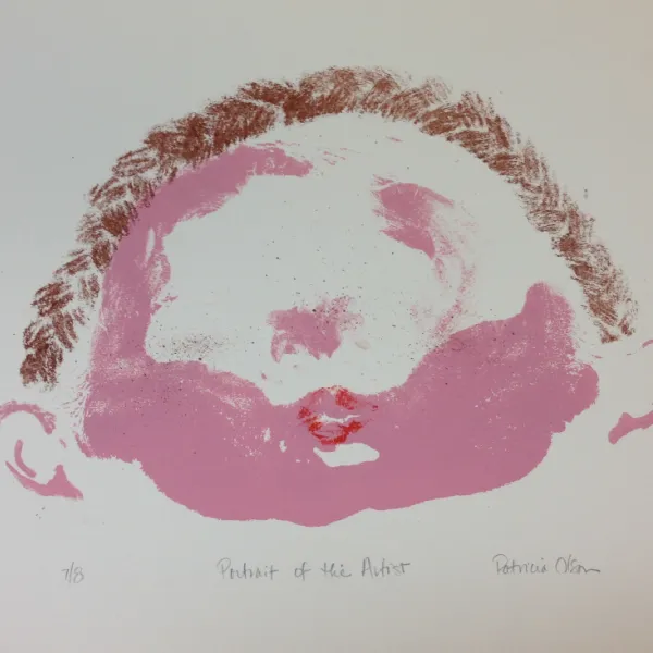Portrait of the Artist, c. 1973. Lithograph, 13 x 16.5". Gray background with abstract face, braided brown hair, ears outlined in pink, lips in red, and a pink L-shaped swath over cheeks and side of face.