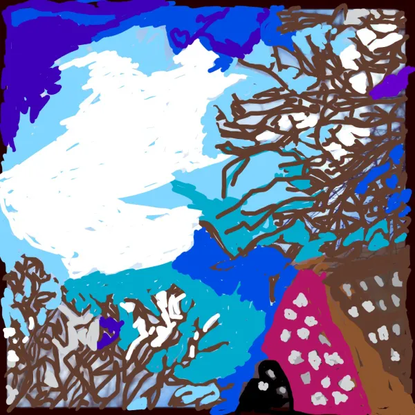 GOODW.Y.N., "Project Distortion," digital painting, 3” x 3” Bright blue sky with a cloud, and trees bare of leaves, and skyscrapers - all viewed from below.