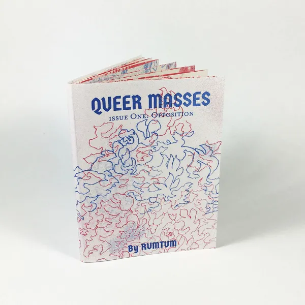 RUNTUM - Sarah Evenson and Jade Juno "Queer Masses Issue 1: Opposition," artist book, 3.5" wide x 5" high x 0.25 deep, 11" long when expanded