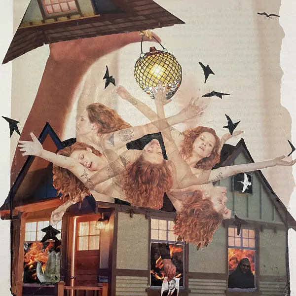 "Burn the House Down," collage, 12.75" x 9.75"