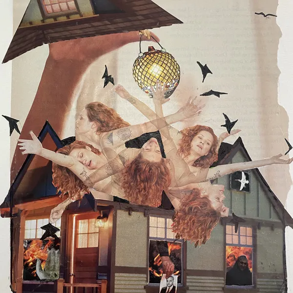 Judith Sarah Rae "Burn the House Down," collage, 12.75" x 9.75"