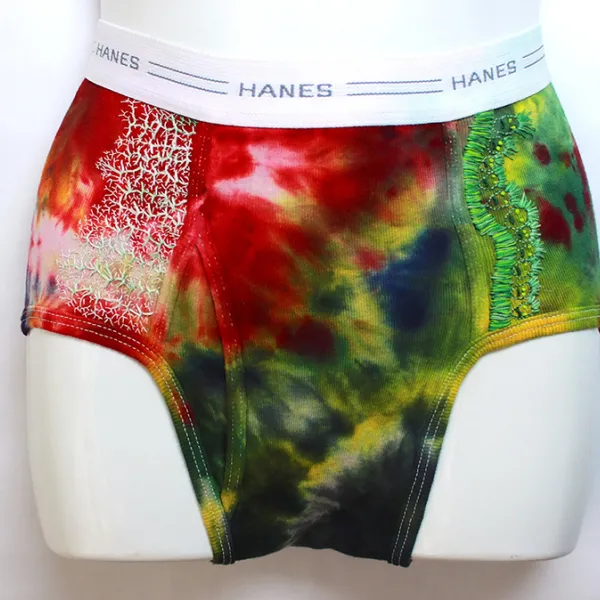 "New Growth," embroidery on tie-dyed boxes briefs, men's medium