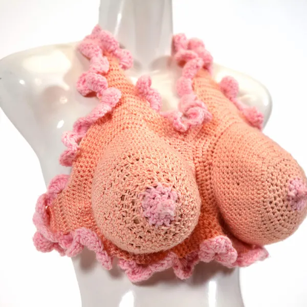 Nora Rickey "What Is Fem?," crocheted found yarn & dried beans, 34D