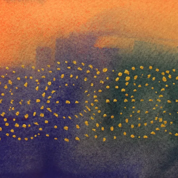 Nicole Drilling, "Roundelle," watercolor & ink on paper, 2.5” X 3.5” Abstract. The sky is red and orange, the city is purple and green. There are orange dots over the city that form a string of circles, each with several concentric circles. There's a line of orange dots running through the center of the circles.