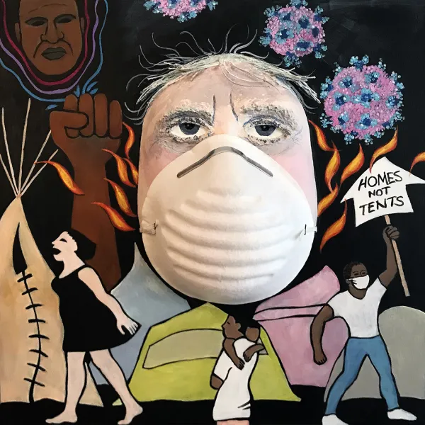At the center is a face wearing a mask. Around the face are George Floyd, coronavirus cells, tents, a tepee, and people protesting.