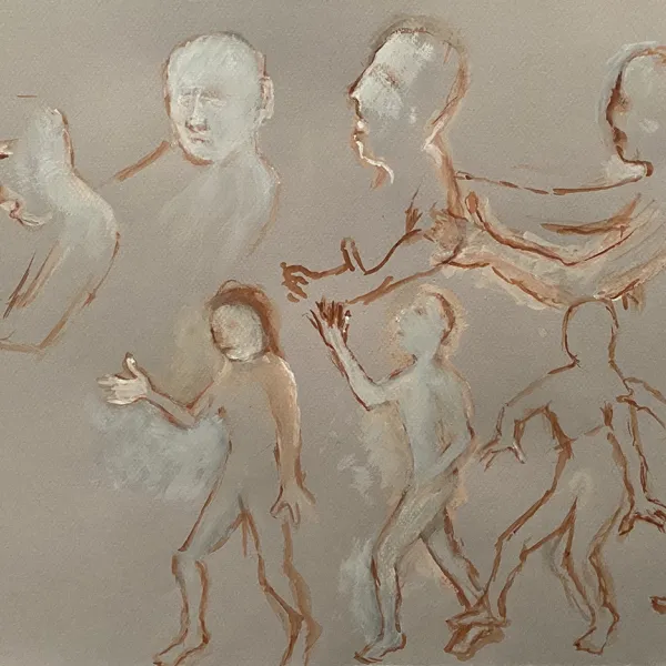 Eight human figures walking forward and gesturing.