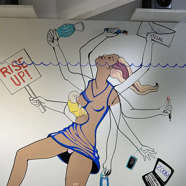 Woman with eight arms and her face barely above water. One arm is holding a baby at her breast, one hand is holding a "Rise up!" sign, one hand is holding a surgical mask. Her other hands are holding or reaching for various things.