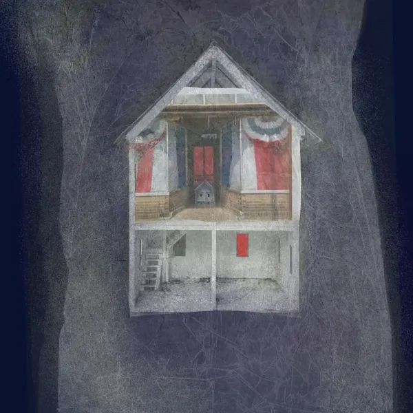 Cross-section view of a house. The two rooms on the first floor are bare and each has a window, one of which is red. The upstairs has red, white, and blue bunting hung on the walls and a window that looks out on a red sky.