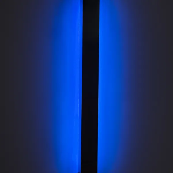 Two columns of bright blue light with a vertical black bar in between.
