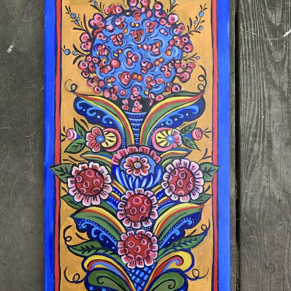 Painted in Scandinavian folk art style (kurbits) of a flower with blossoms like coronavirus cells.