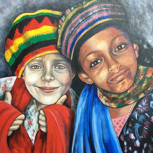 Two smiling people, one white and one Black, leaning into each other.