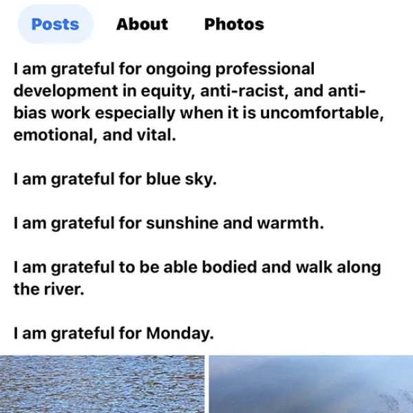 Picture is shaped like a cell phone. Picture of social media with a gratitude journal above and photos below.