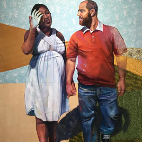 Stephen, Jeffrey and Twins 2017, oil, pastel and collaged sewn fabric on canvas, 72 x 48”