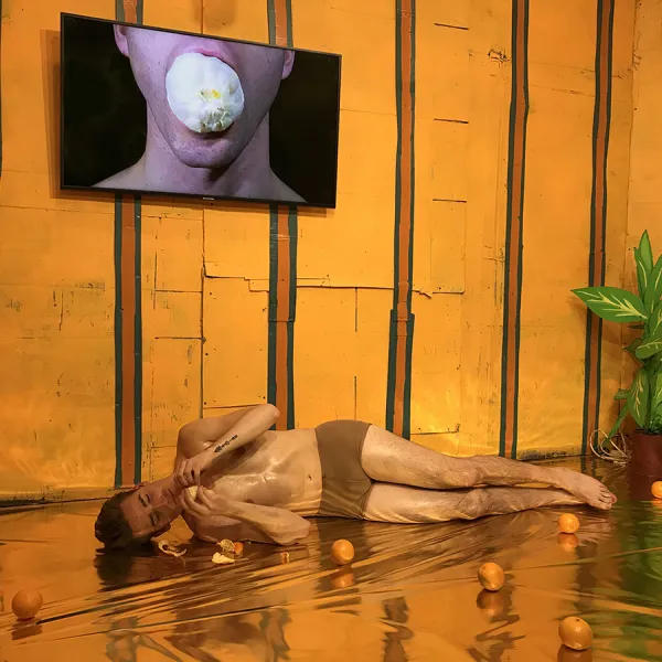 "Sacraments," cardboard, paint, oranges, glitter, oil, single-channel moving-image, audio, site-specific performance