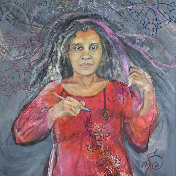 Susan Armington "Portrait of Hend Al-Mansour," acrylic and mixed media on canvas, 48"x36"