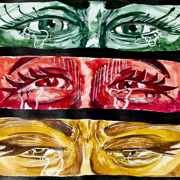 Painting of three sets of eyes in green, red, and yellow horizontal sections