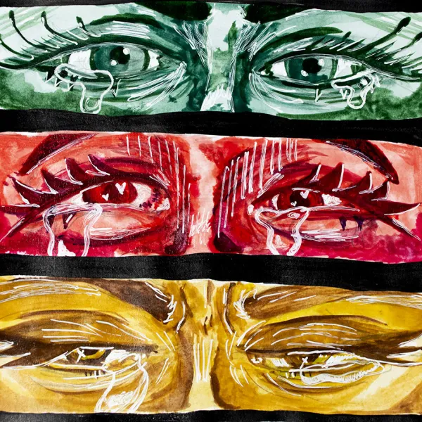 Sydney Ockenga "Anger. Joy. Grief.," watercolor, 6" x 6.75’’ | $50 Painting of three sets of eyes in green, red, and yellow horizontal sections
