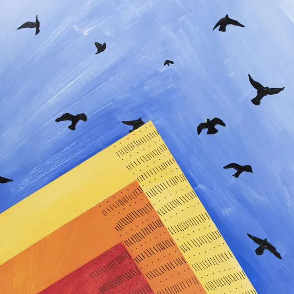 painting of birds in silhouette flying against a blue sky, with red/yellow/orange chevrons