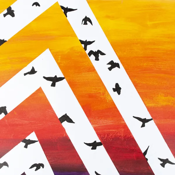Sydney Ockenga "In Flight" (detail 1), acrylic, 5" x 7" | $50 painting of ombre sunset, with white chevrons and birds in silhouette
