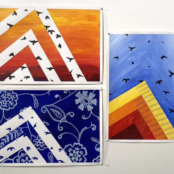 three paintings of flying bird silhouettes against blue, floral, or ombre chevron backgrounds
