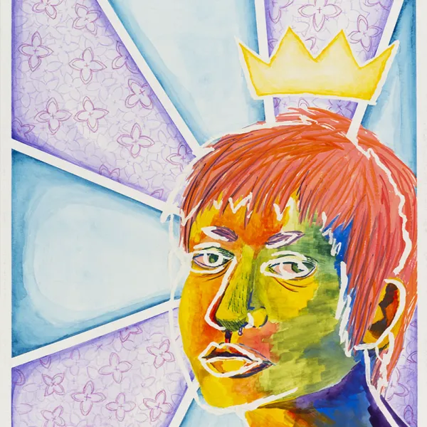 Painting of rainbow-colored person's head with yellow crown, against purple and blue starburst background