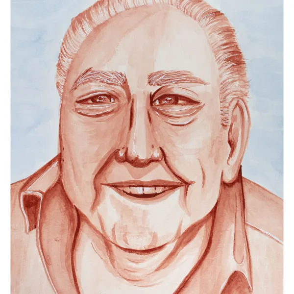 Sydney Ockenga "Portrait of Grandpa," gouache on paper, 15" x 11" | NFS Painting of older man smiling, in orange with blue background