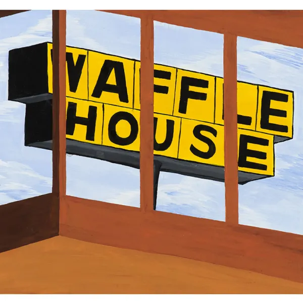 Sydney Ockenga "Road Trip With Grandpa Buzz" (detail), gouache on paper, 11" x 15" | $200 painting, Waffle House sign seen through four windows