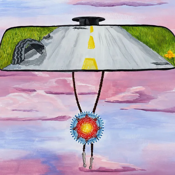 Sydney Ockenga "Road Trip With Grandpa Buzz" (detail), gouache on paper, 11" x 15" | $200 paiting, beaded bolo tie hanging from car rear view mirror, old tire and roadkill in mirror