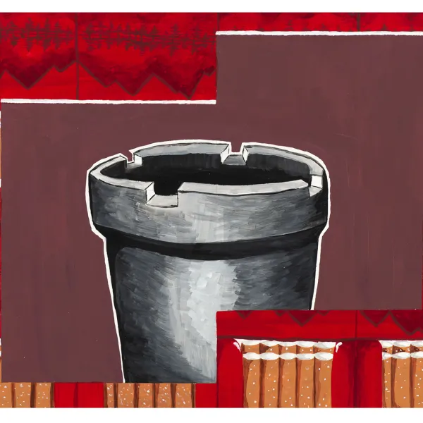 painting, tall gray ashtray, repeated brown cigarettes and red scenery in background