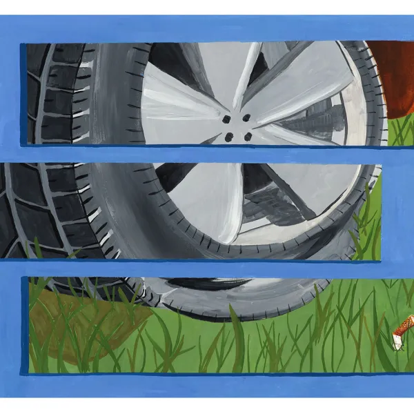 painting, detail of car tire on grass, separated into three horizontal sections