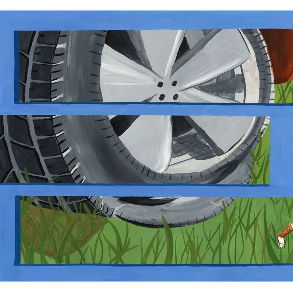 Sydney Ockenga "Road Trip With Grandpa Buzz" (detail), gouache on paper, 11" x 15" | $200 painting, detail of car tire on grass, separated into three horizontal sections