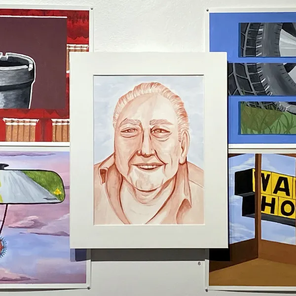 Sydney Ockenga "Road Trip With Grandpa Buzz," gouache on paper, 39" x 22" | installation is NFS Sydney Ockenga "Road Trip With Grandpa Buzz," gouache on paper, 39" x 22" | installation is NFS