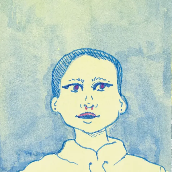 Sydney Ockenga "Untitled Self-Portrait," gouache, 4" x 4" | $20 Head and shoulders portrait of person with short hair, in shades of blue with red accents