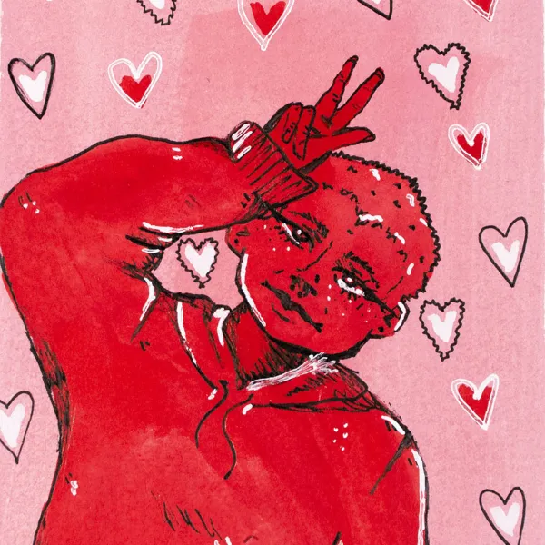 Person in hoodie, painted in red, against pink background and floating hearts