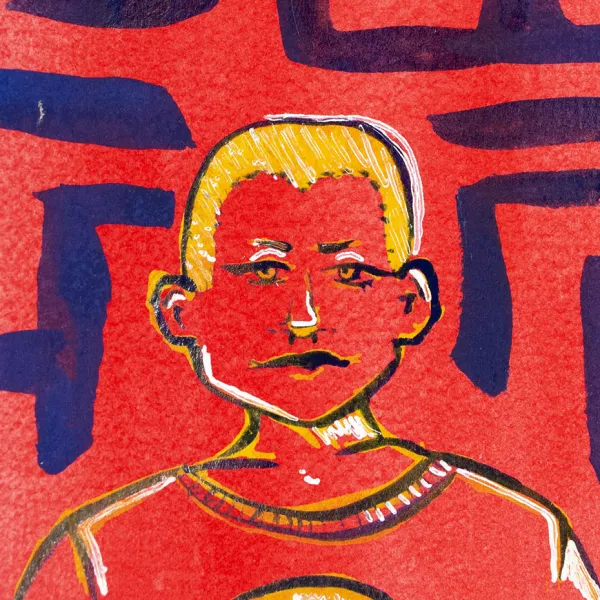 Sydney Ockenga "Untitled Self-Portrait," gouache, 4" x 4" | $20 Portrait of person with yellow hair, painted in orange against orange background with blue geometric lines