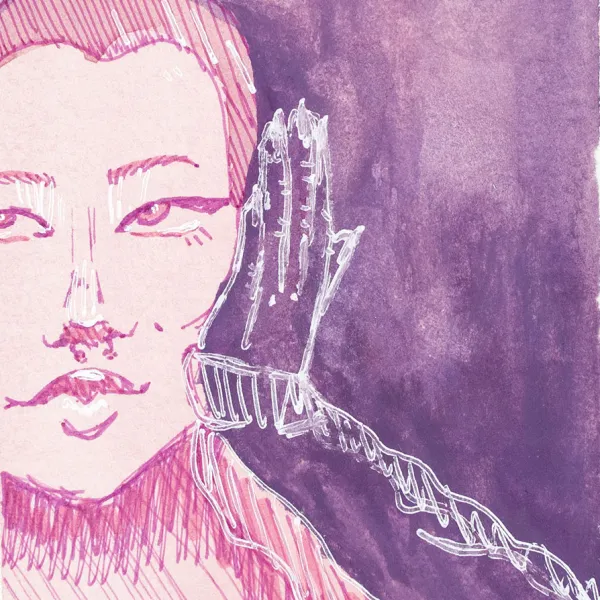 Sydney Ockenga "Untitled Self-Portrait," gouache, 4" x 4" | $20 Portrait of a person painted in pink, centered on left margin, against purple background