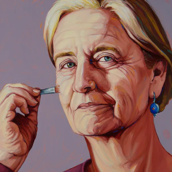 The Catherine Portrait: Patricia Olson Self-Portrait, 2011. Oil on panel, 16 x 16". Portrait of the artist holding a paintbrush.