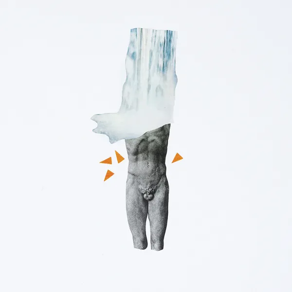 A naked man, from below the shoulders to below the knees. It looks like a waterfall is pouring down to his shoulders. There are four orange triangles near his waist.