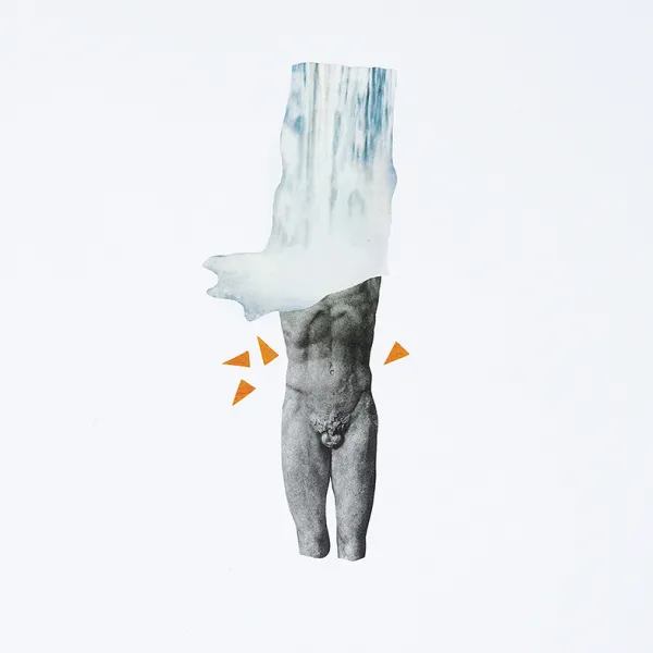 Teresa Cribelli, "The Fall," vintage paper, 9” x 11.5” A naked man, from below the shoulders to below the knees. It looks like a waterfall is pouring down to his shoulders. There are four orange triangles near his waist.