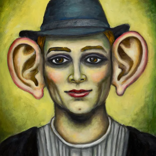Nancy Robinson, "The Good Listener," oil on canvas, 24” x 18” A man with ears almost as big as his head.