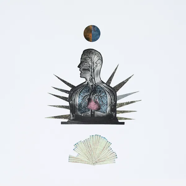 Teresa Cribelli, "The Year of Glass," vintage paper, 9” x 11.5” The head and chest of a man, gray, with blue lungs and a red heart. There are gray triangular rays pointing outward from his chest. There's a half blue, half red circle above him, and a white folding fan with blue edges below him.